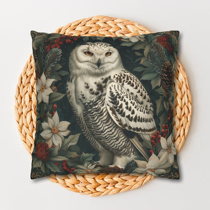 Snowy Owl Pillowcase, Winter Woodland Cushion, William Morris Inspired