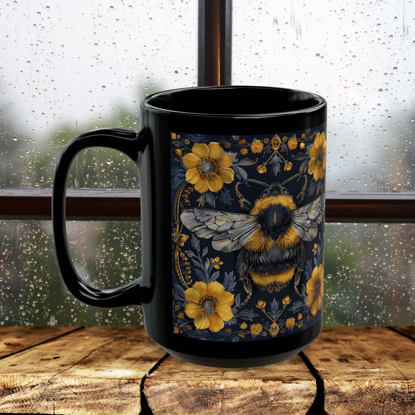 Bumblebee Gold Botanicals William Morris Inspired Black Coffee Mug For Her Him Ceramic Mug Black Mug 11oz, 15oz