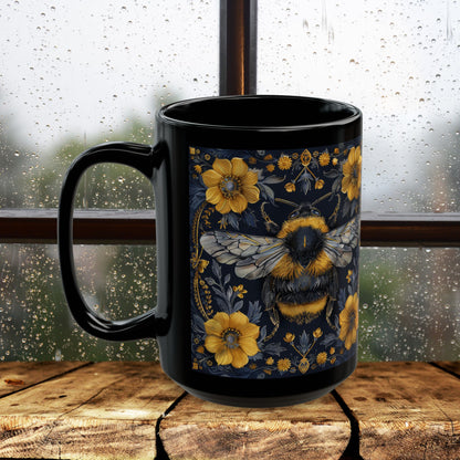 Bumblebee Gold Botanicals William Morris Inspired Black Coffee Mug For Her Him Ceramic Mug Black Mug 11oz, 15oz