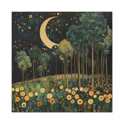 Moonlit Meadow Dreamscape | Matte Canvas Wall Art, Stretched, 1.25" | Starry Night Forest & Flowers Print