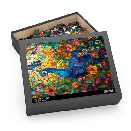 Stained Glass Peacock Wildflowers Puzzle Box (120, 252, 500-Piece) Family Jigsaw Puzzle, Puzzle Box Gift