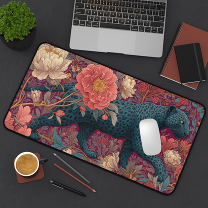 Midnight Panther Peony Desk Mat, William Morris Inspired Floral Mouse Pad, Aesthetic Workspace Decor, Botanical Desk Pad