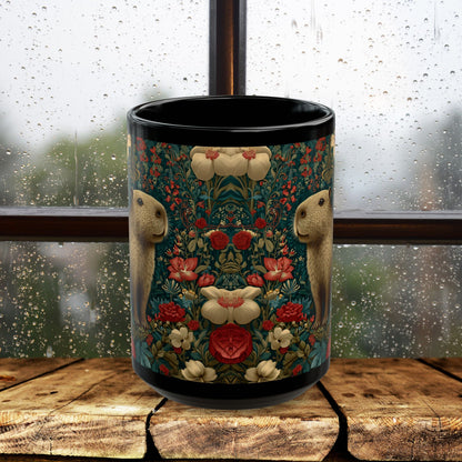 Floral Capybara Mug, Black Ceramic Woodland Coffee Cup 11oz & 15oz, Cute Nature Animal Art Gift with Vintage Botanical Flowers