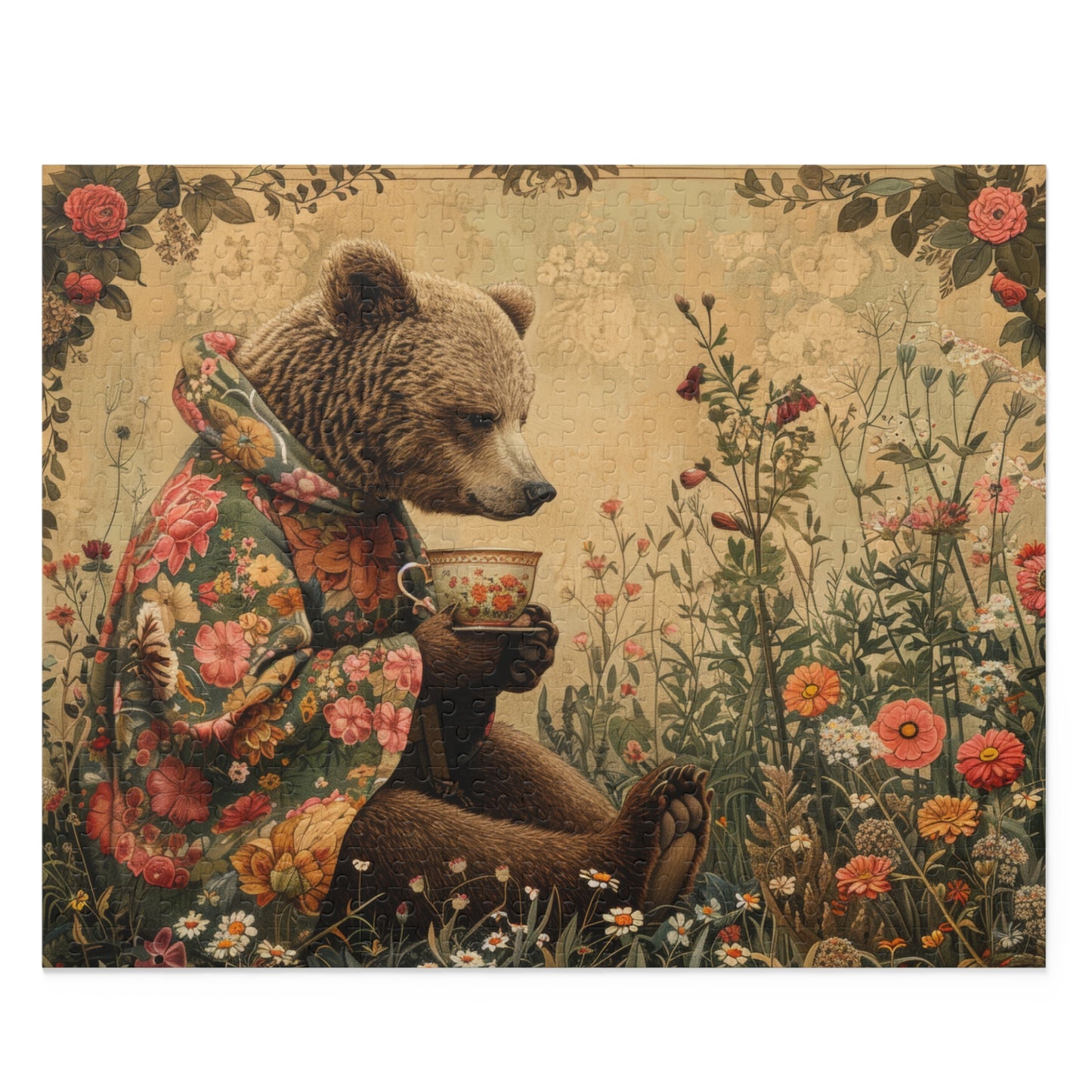 Tea Time Bear Wildflower in William Morris Style (120, 252, 500-Piece) Adult Jigsaw Puzzle, Gift Him Her