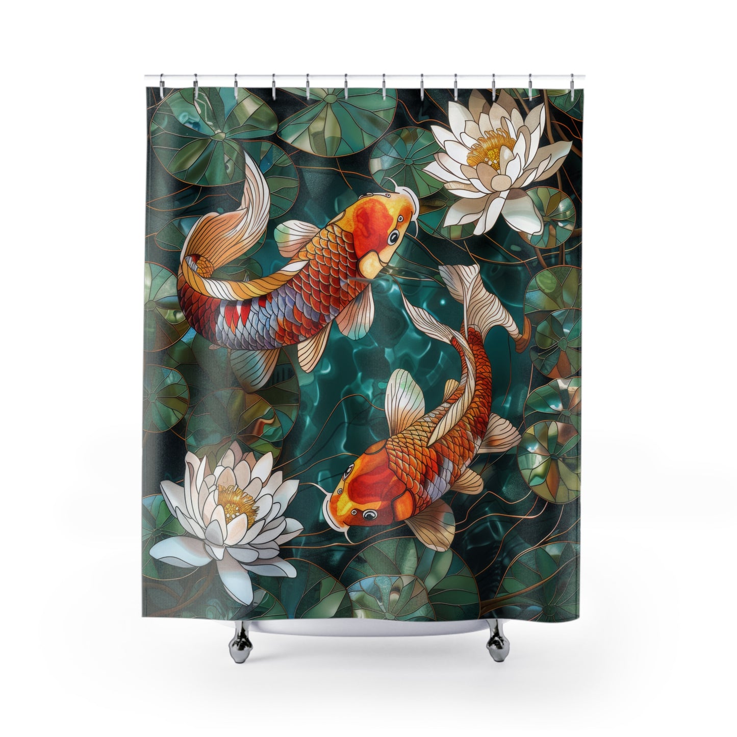 Faux Stained Glass Koi Fishes Water Lily Polyester Shower Curtain