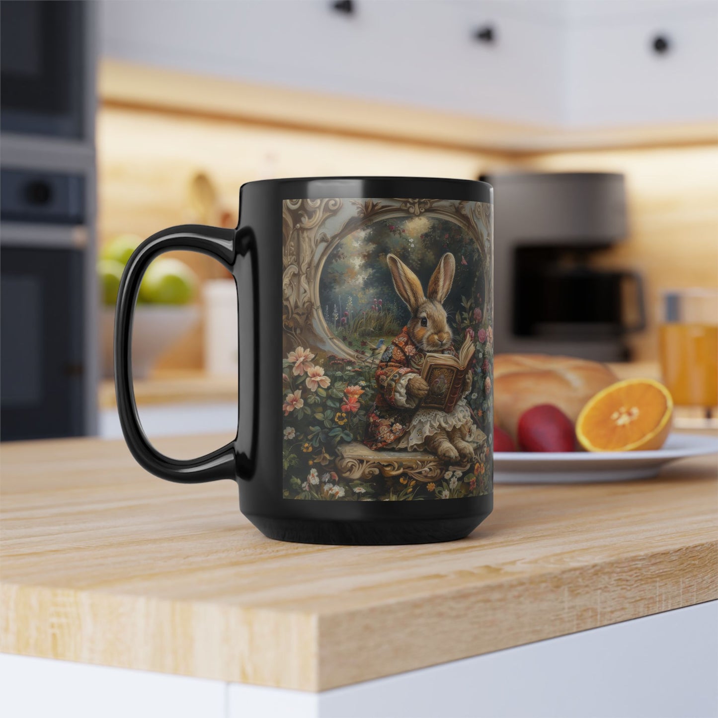 Whimsical Rabbit Black Mug, Easter Bunny Coffee Cup, Floral Decor Coffee Mug, Cute Animal Gift, Morning Tea Mug