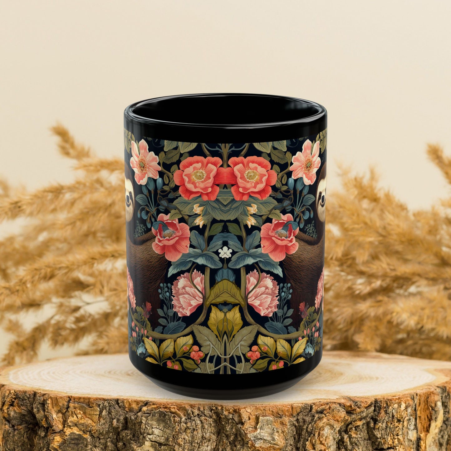 William Morris Inspired Floral Spring Sloth Black Mug