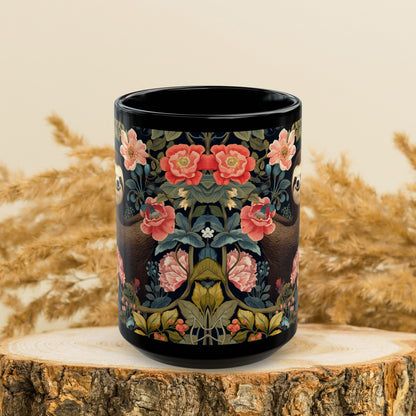 William Morris Inspired Floral Spring Sloth Black Mug