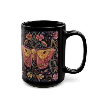 William Morris Inspired Botanical Pink Rosy Maple Moth Black Mug 11oz, 15 oz