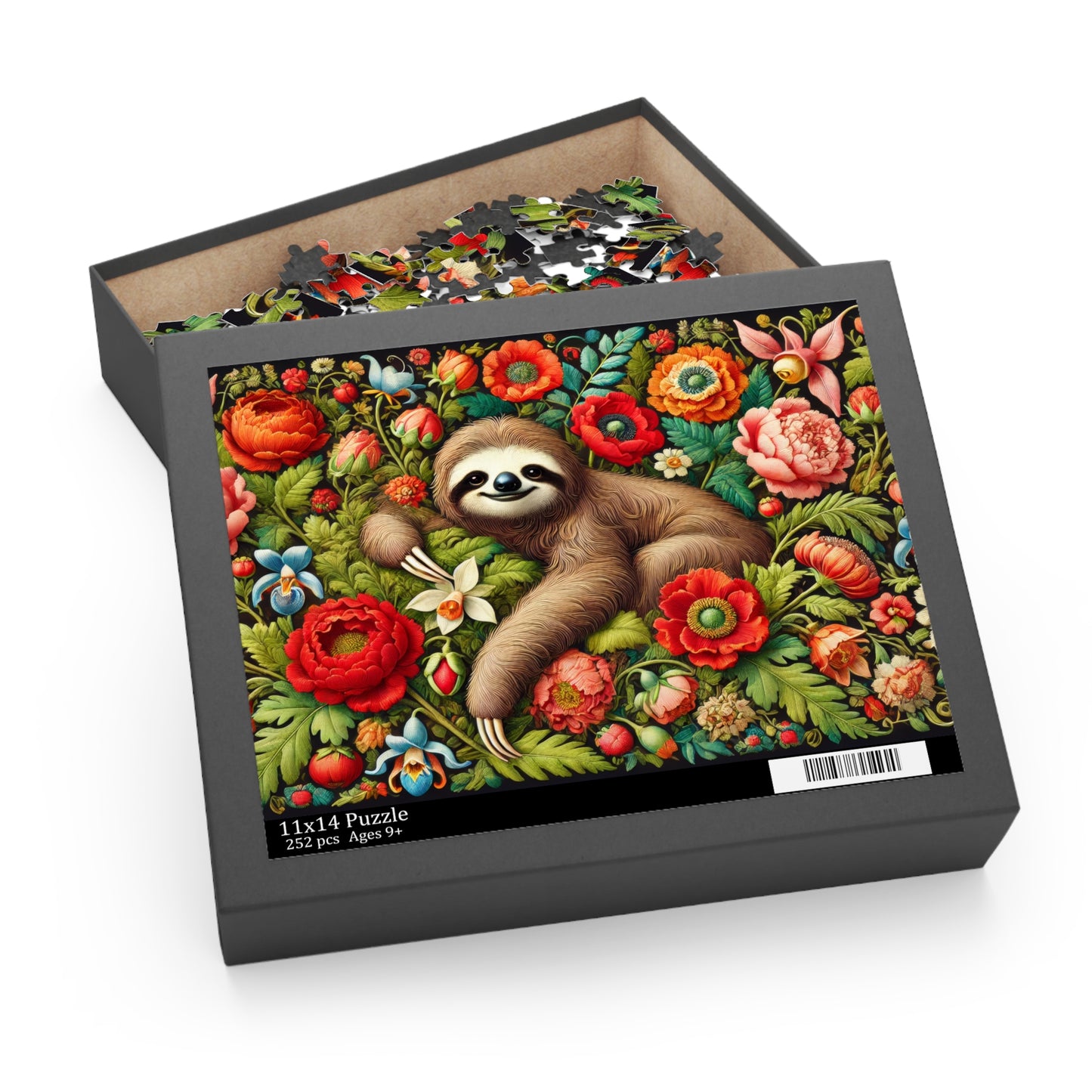 William Morris Inspired Cozy Sloth Floral Puzzle (120, 252, 500-Piece) Fun Family Activity, Nature Lover Gift, Perfect for Relaxation