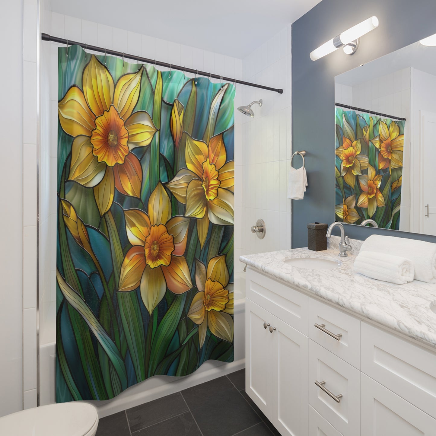 Faux Stained Glass Daffodil Flowers Polyester Shower Curtain