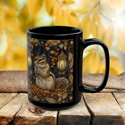 Mug - William Morris Inspired Chipmunk Among Acorn Lanterns Black Mug 11oz, 15oz