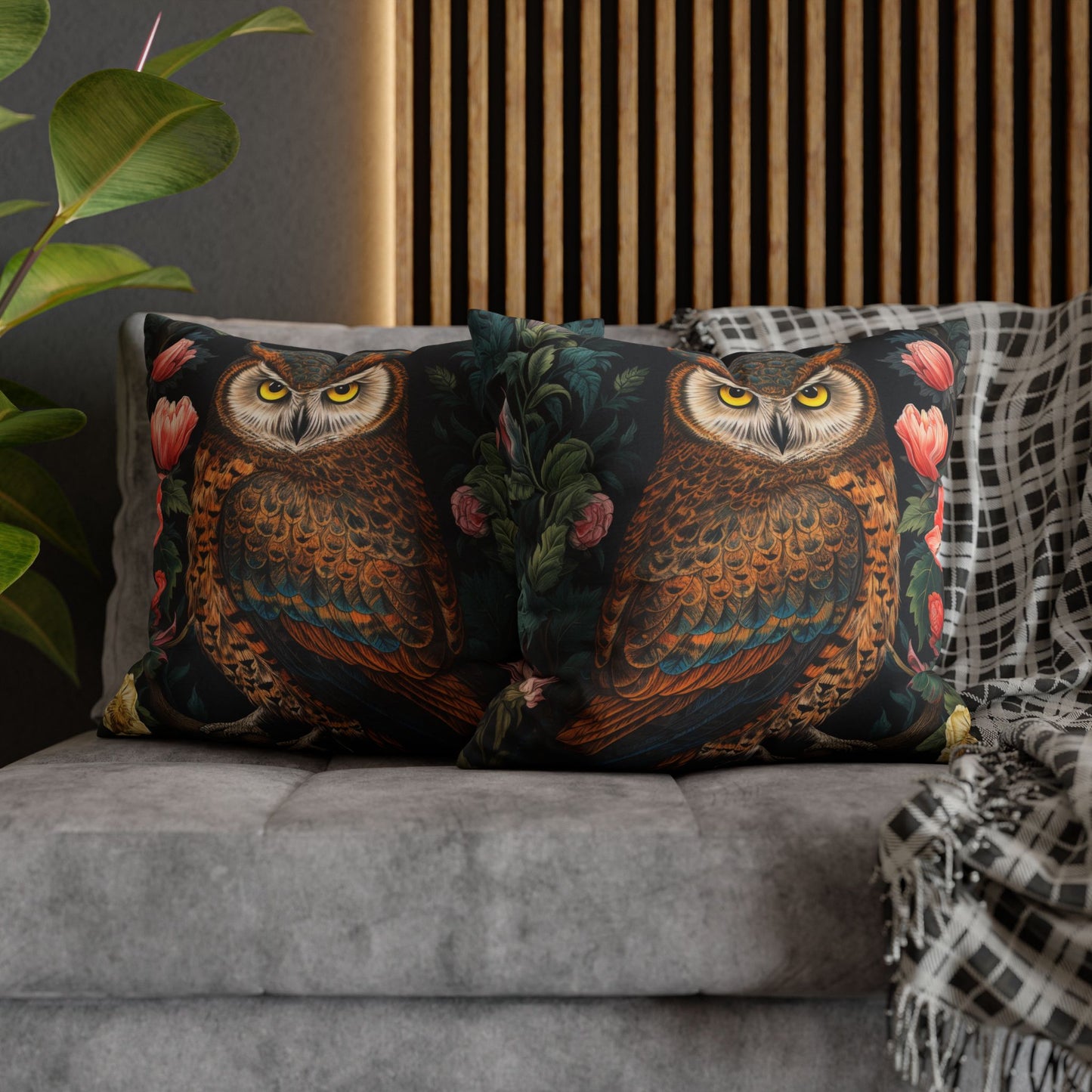 William Morris Inspired Night Owl Pillow, Decorative Owl Cushion, Spun Polyester Square Pillow