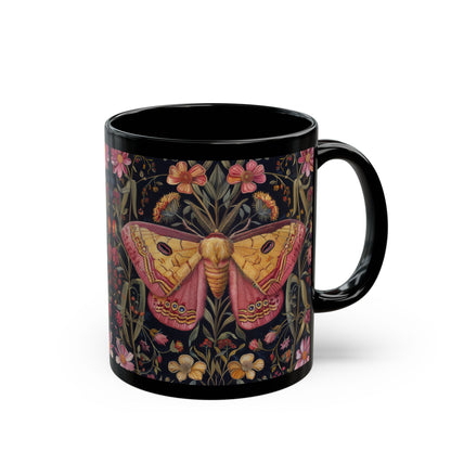 William Morris Inspired Botanical Pink Rosy Maple Moth Black Mug 11oz, 15 oz