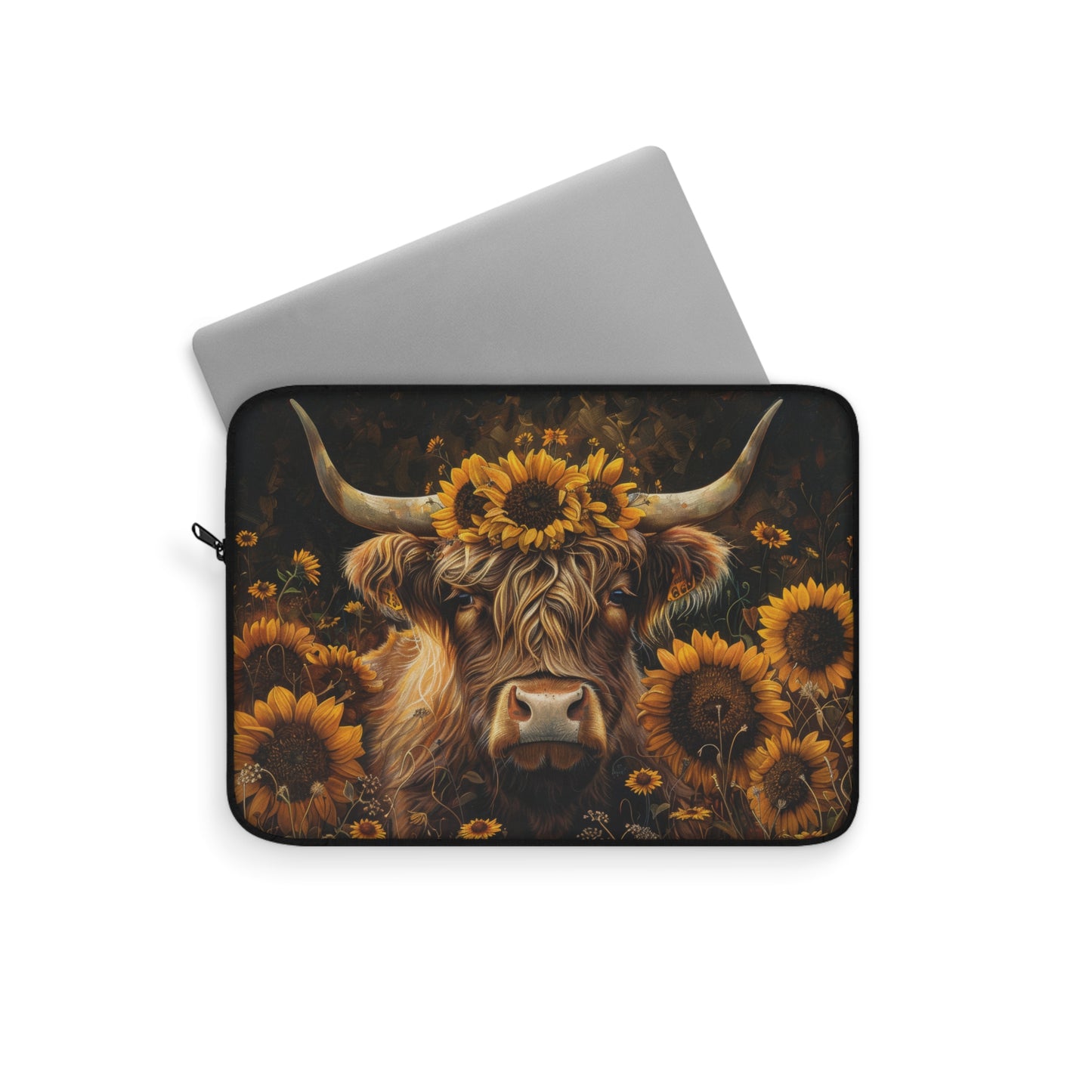Highland Cow Laptop Sleeve, Sunflower Floral Farmhouse Art Case, Rustic Country Animal Laptop Cover (12”, 13”, 15”)