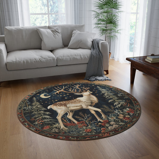 Reindeer Crescent Moon And Stars Round Rug, Decor Carpet, Bohemian Area Mat, Meditation Floor Mat, Yoga Rug