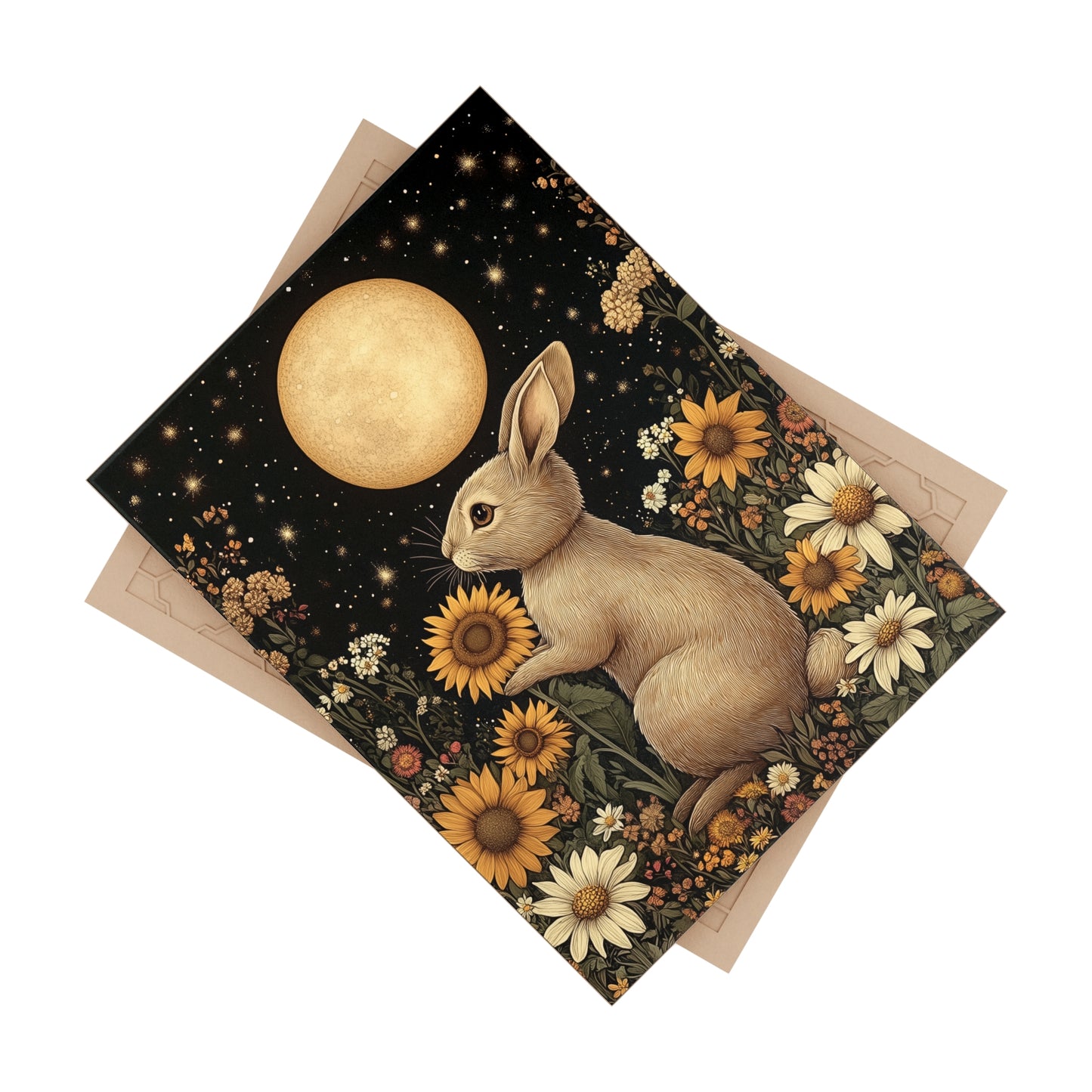 Moonlit Rabbit & Sunflower Ceramic Tile | Celestial Night Bunny Art 6x8 Glossy Decor