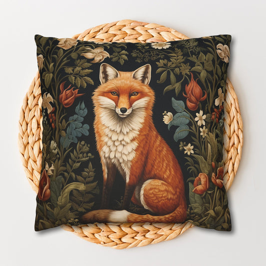 William Morris Inspired, Botanical Floral Fox Pillowcase, Fox Cottagecore Home Decor Pillowcase
