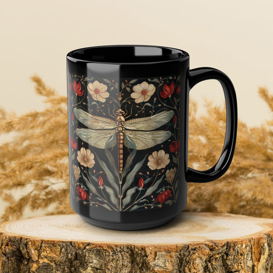 William Morris Inspired Botanical Dragonfly Black Mug 11oz, 15 oz