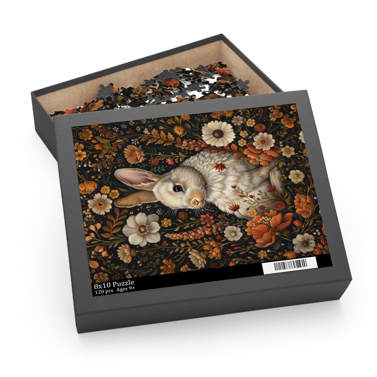 William Morris Inspired Fall Flowers Bunny Jigsaw Puzzle Box Gift (120 252 500-Piece) Mindfulness Activity, Family Fun, Home Decor,