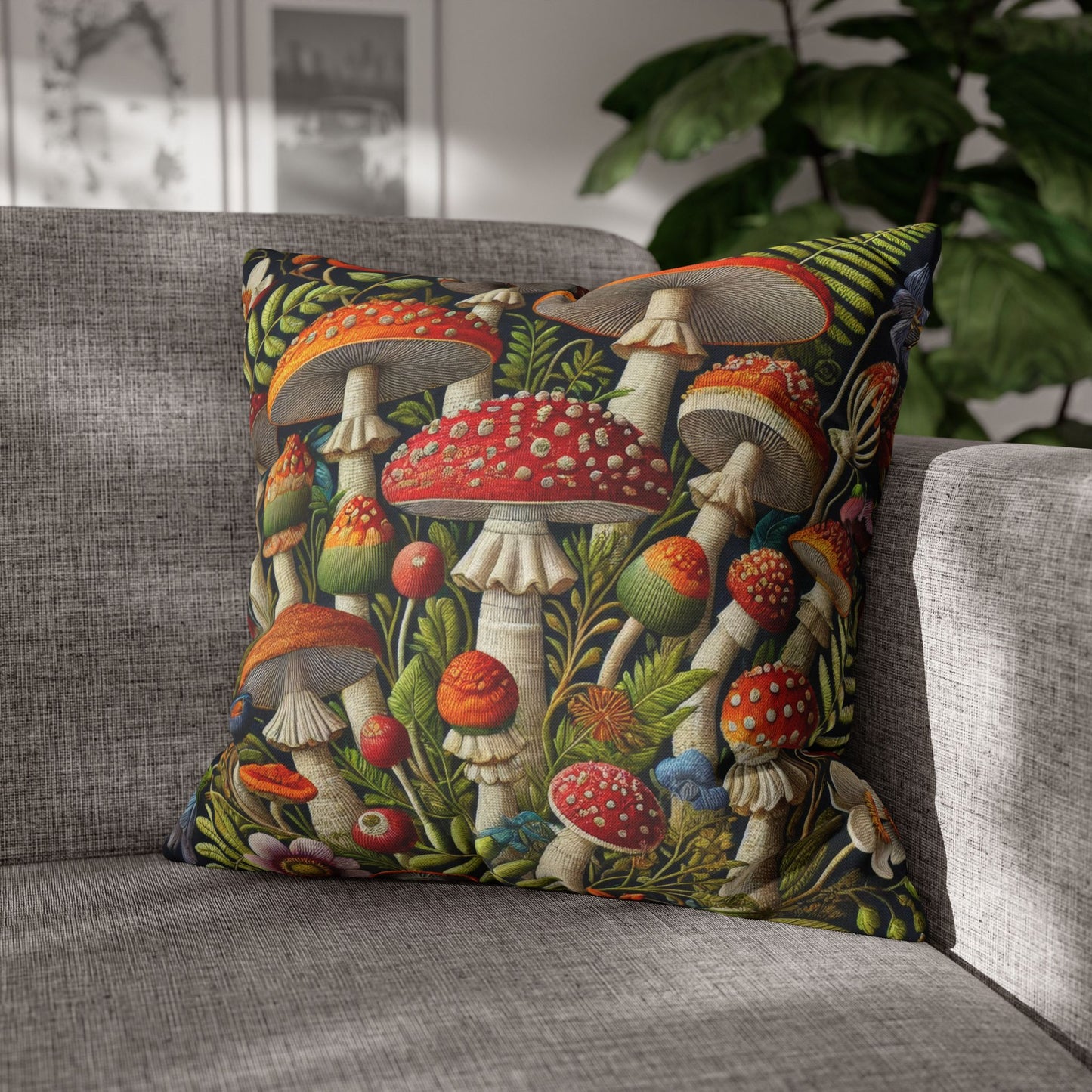 Mushroom Decorative Pillowcase: Faux Embroidered Botanical Design