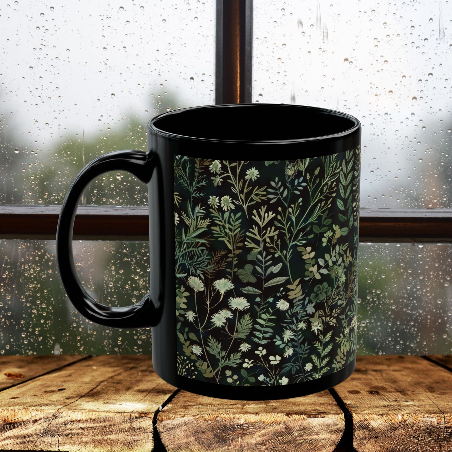 William Morris Inspired Green Botanical Black Coffee Mug 11oz, 15 oz
