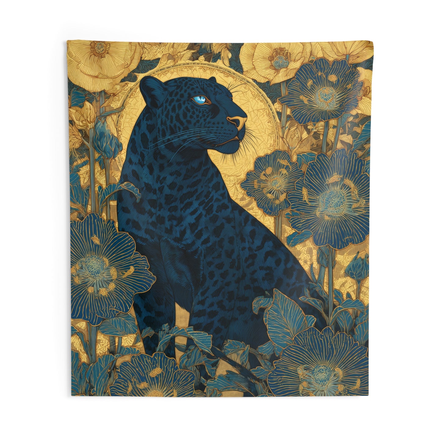 Midnight Black Leopard Garden Tapestry Blue & Gold Botanical Indoor Wall Tapestry