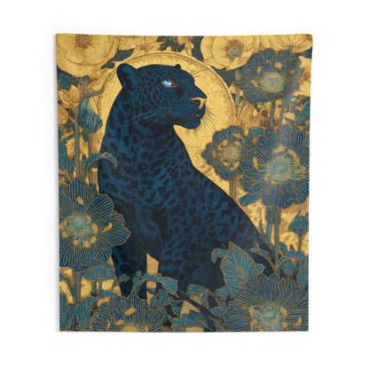 Midnight Black Leopard Garden Tapestry Blue & Gold Botanical Indoor Wall Tapestry