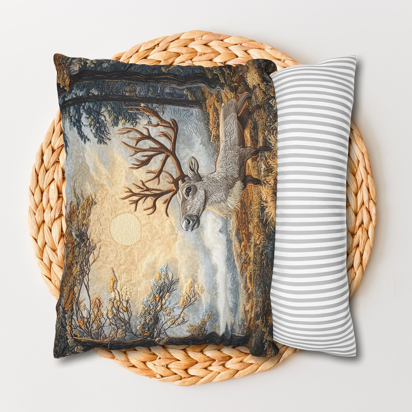 Mountain Reindeer Decorative Fall Square Pillow, Spun Polyester Home Decor, William Morris Inspired