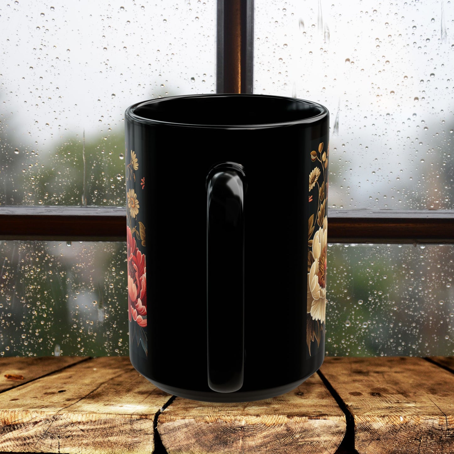 William Morris Inspired Moth Peony Embroidery Black Mug (11oz, 15oz)