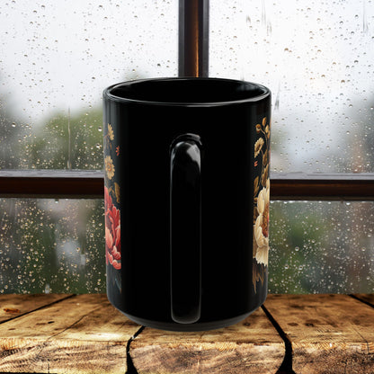 William Morris Inspired Moth Peony Embroidery Black Mug (11oz, 15oz)