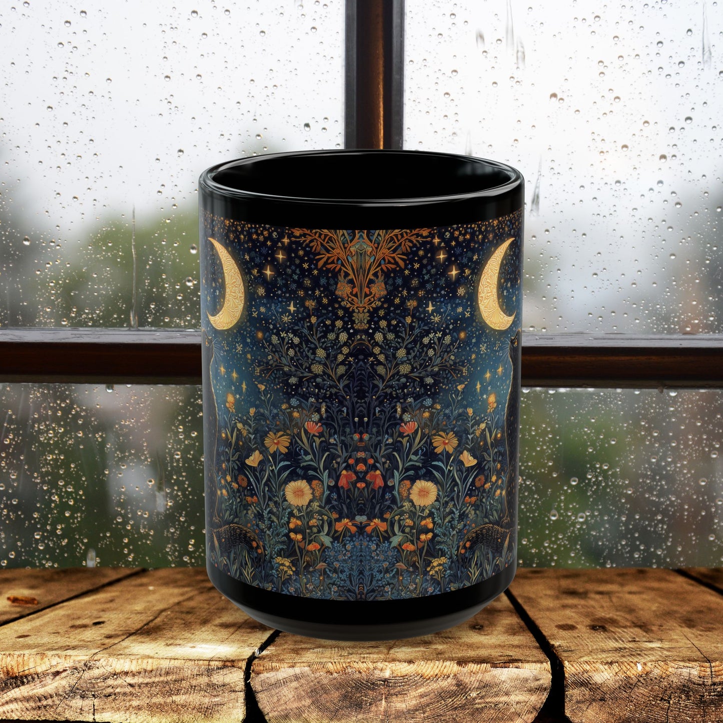 Mystical Black Cat Moon Mug, Celestial Floral Night Garden Coffee Cup 11oz & 15oz, Witchy Starry Magic Cat Lover Gift