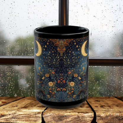 Mystical Black Cat Moon Mug, Celestial Floral Night Garden Coffee Cup 11oz & 15oz, Witchy Starry Magic Cat Lover Gift