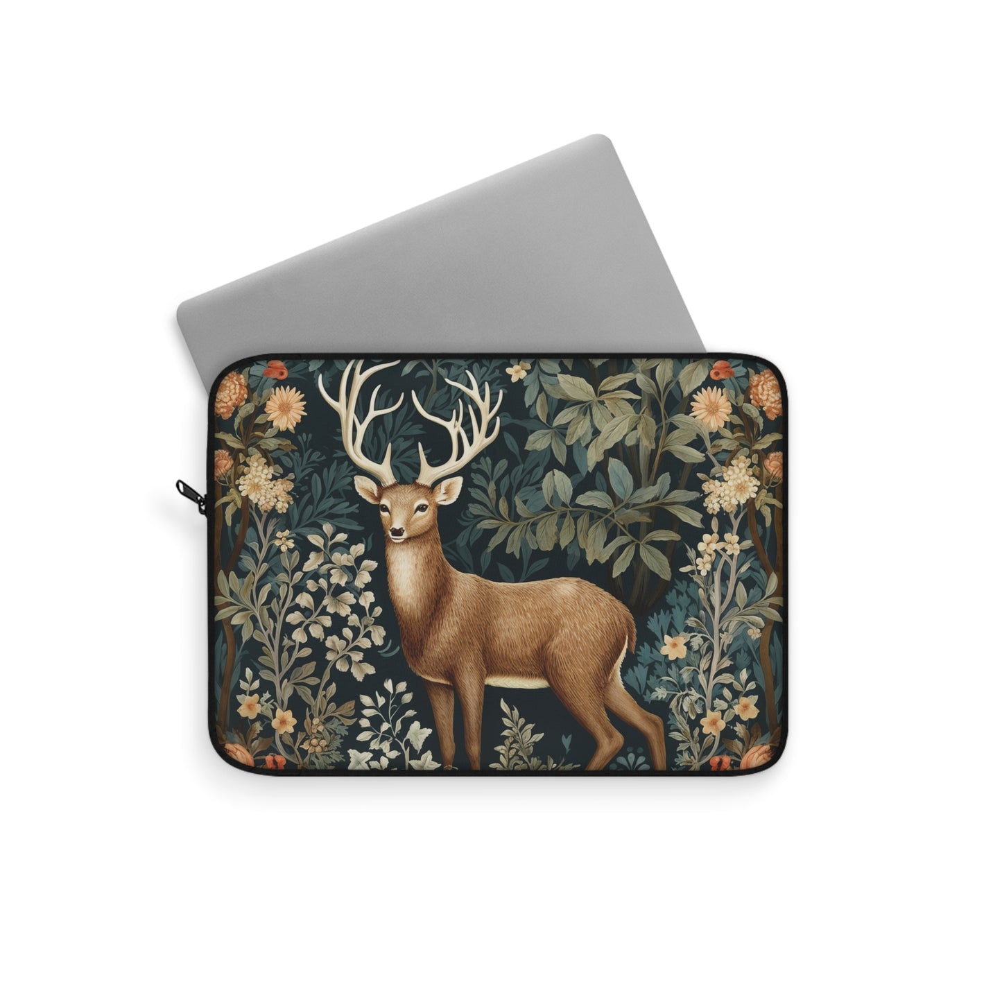 Woodland Deer Laptop Sleeve, William Morris Inspired Forest Botanical Art Case, Elegant Nature Animal Laptop Cover (12”, 13”, 15”)