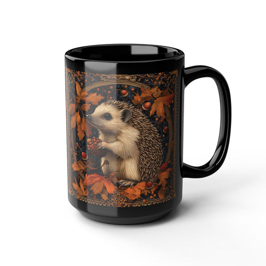 William Morris Inspired Hedgehog Fallen Leaves and Acorns, Black Coffee Mug For Her Him, Christmas Gift, Gift for Nature Lover,