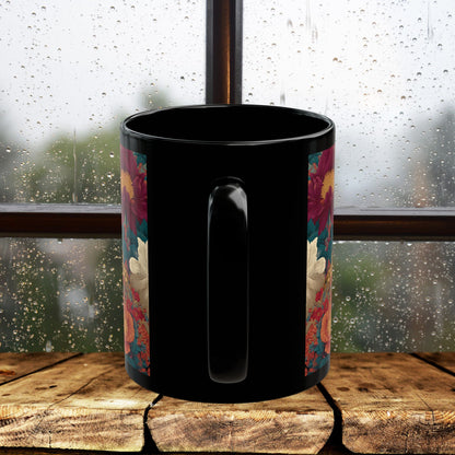 Floral Leopard Mug, Black Ceramic Jungle Coffee Cup 11oz & 15oz – Tropical Wild Cat Art Gift for Animal Lovers & Home Decor