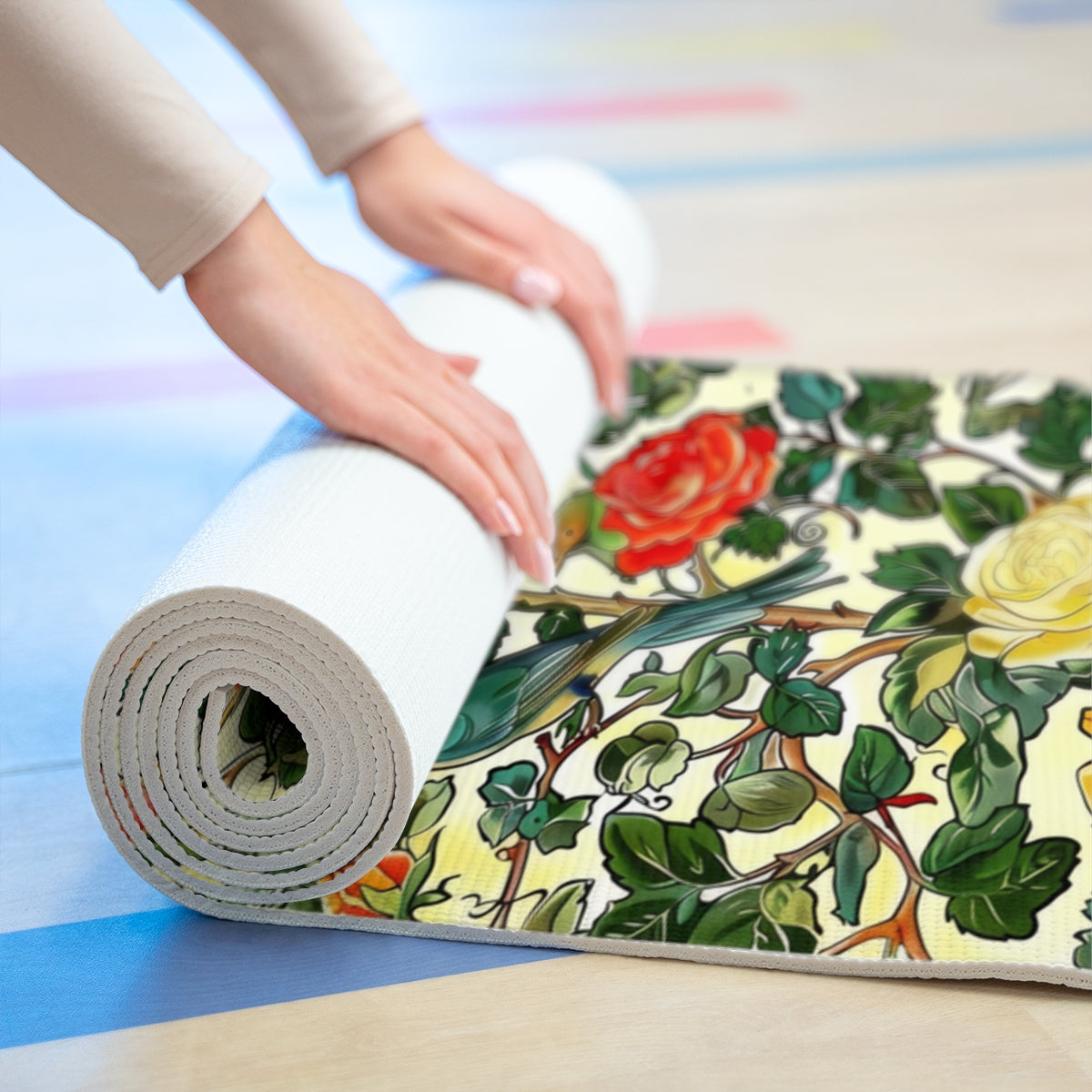 William Morris Inspired Birds and Roses Pattern Print Yoga Mats, Pilates Mat, Eco-Friendly Workout Mat, Non-Slip Exercise Mat, Yoga