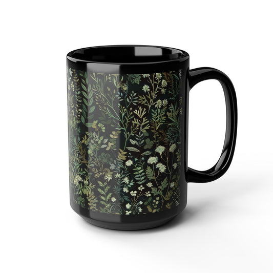 William Morris Inspired Green Botanical Black Coffee Mug 11oz, 15 oz