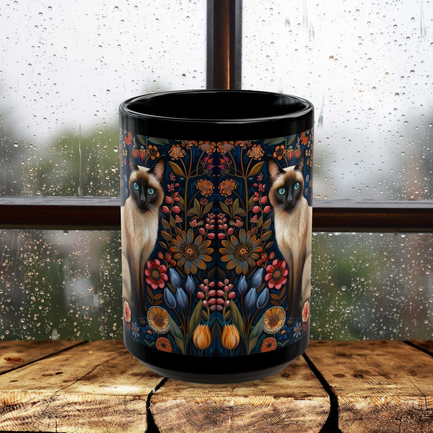 Siamese Cat Coffee Mug: William Morris Floral Design, Black Ceramic (11oz, 15oz)