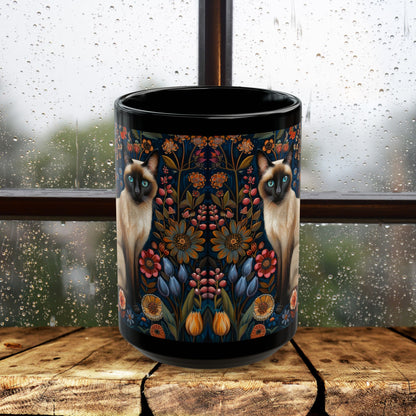 Siamese Cat Coffee Mug: William Morris Floral Design, Black Ceramic (11oz, 15oz)