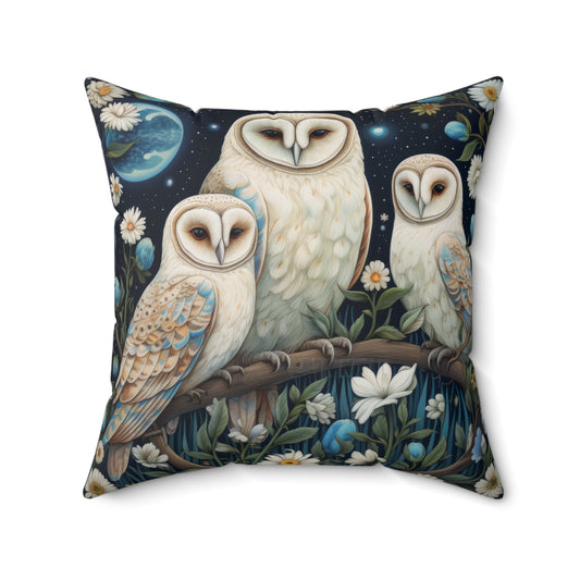 Magical White Owl Family and Two Moons Decorative Pillow, Vintage Home Decor, Spun Polyester Square Pillow