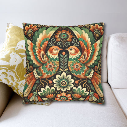 Folk Art of Two Birds and Flowers Pattern Pillowcase
