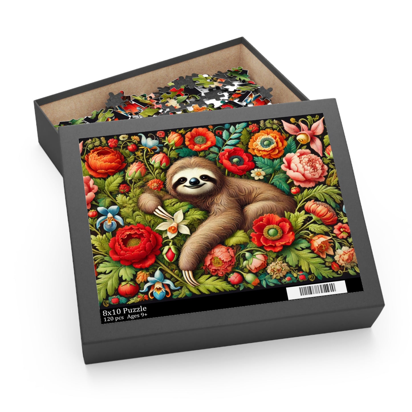 William Morris Inspired Cozy Sloth Floral Puzzle (120, 252, 500-Piece) Fun Family Activity, Nature Lover Gift, Perfect for Relaxation