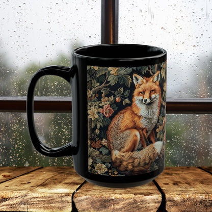 Forest Fox William Morris Inspired | Fox Ancient Black Coffee Mug For Her Him Ceramic Mug Black Mug 11oz, 15oz