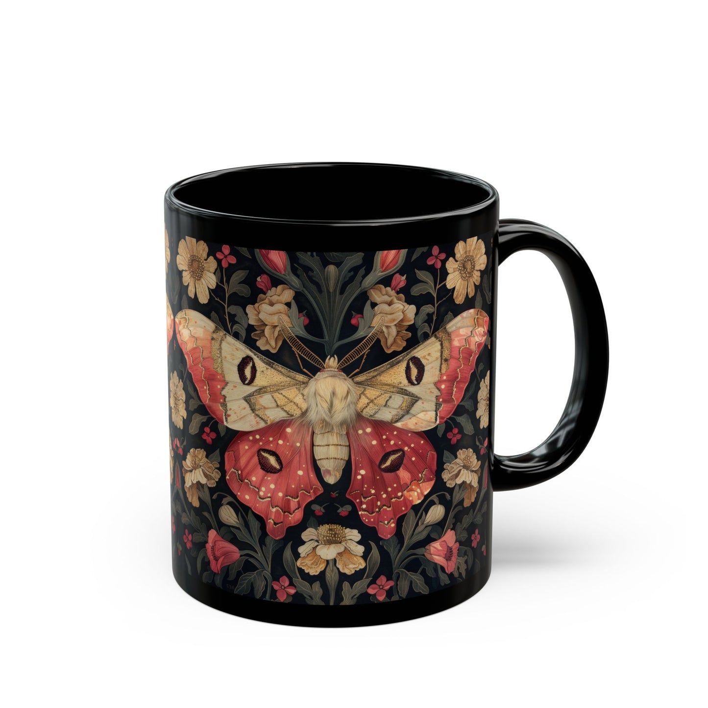 William Morris Inspired Botanical Rosy Maple Moth Black Mug 11oz, 15 oz