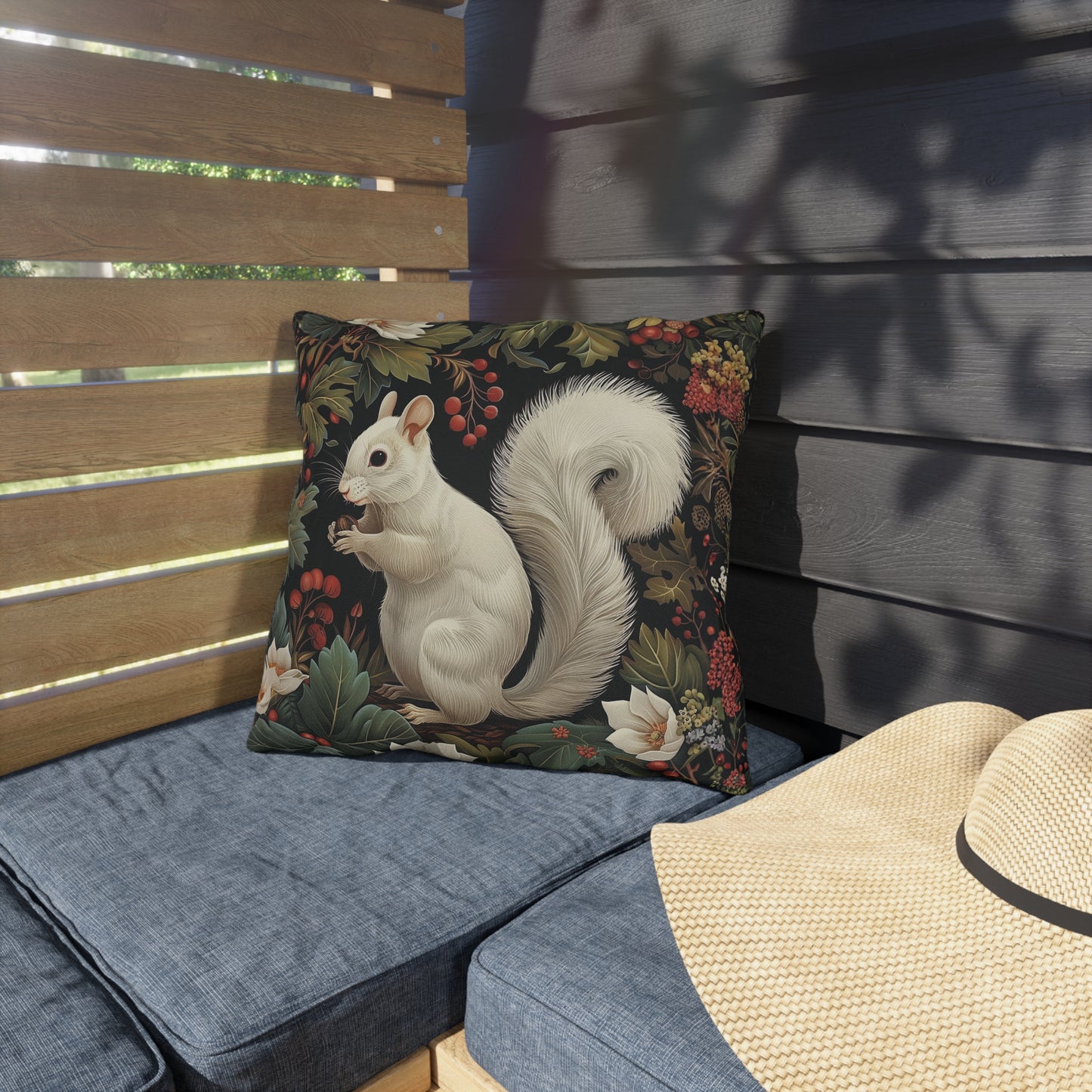 White Squirrel Outdoor Pillow, Woodland Animal Throw Pillow, Nature Cushion, Forest Decor Pillow, Rustic Cabin Accent Pillow, Wildlife Gift, Botanical Pillow