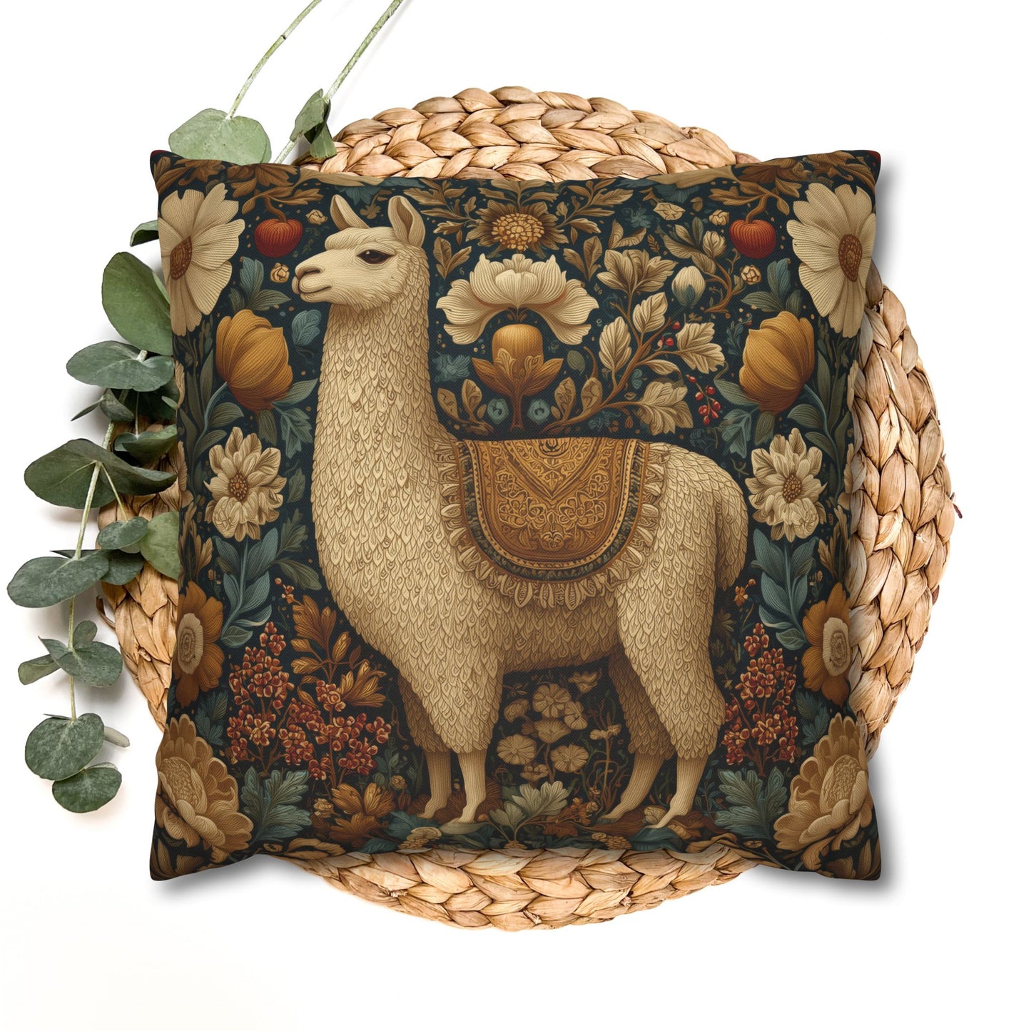 Golden Alpaca Floral Pillowcase, William Morris Style Botanical Animal Cushion Home Décor