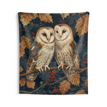 Tapestry of Couple Barn Owl | William Morris Medieval Style Wall Art | Cottagecore Hanging and Home Decor