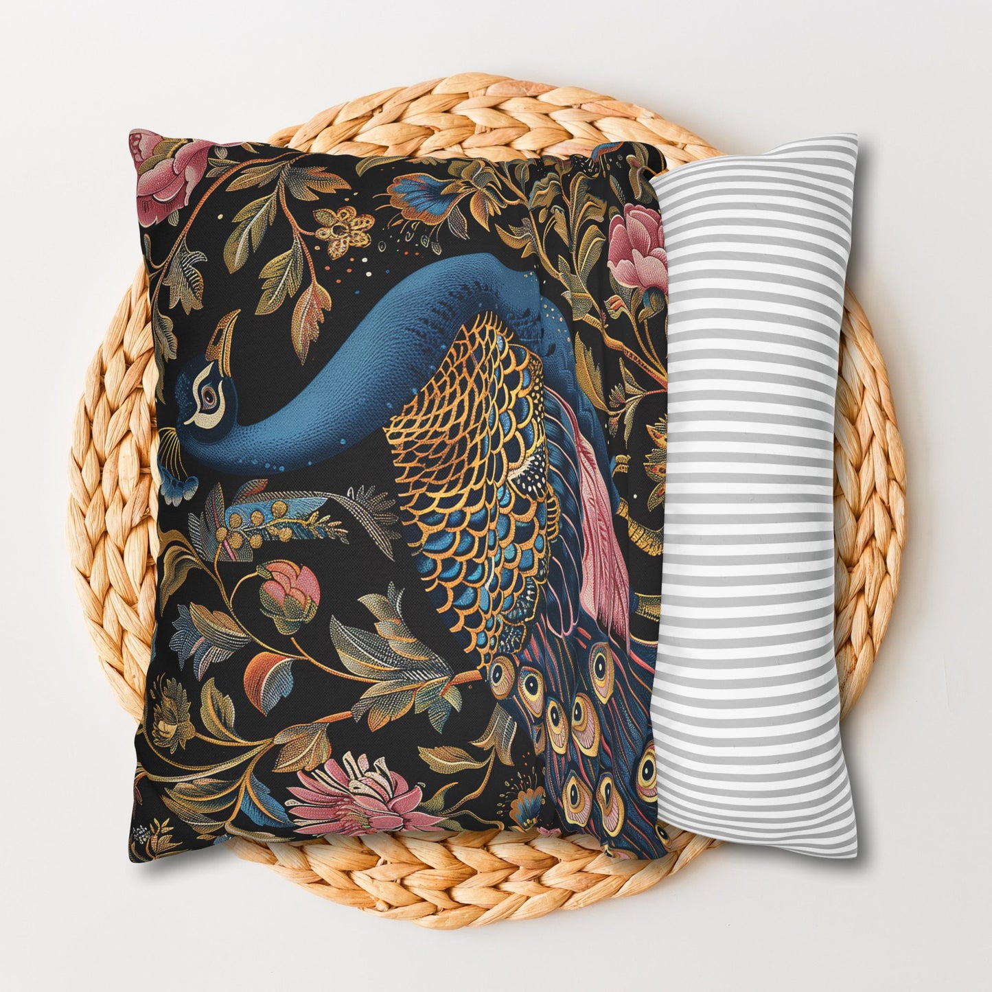 William Morris Inspired Peacock Pillowcase, Forest Floral Art, Peacock Spun Polyester Square Pillowcase