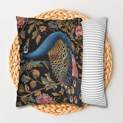 William Morris Inspired Peacock Pillowcase, Forest Floral Art, Peacock Spun Polyester Square Pillowcase